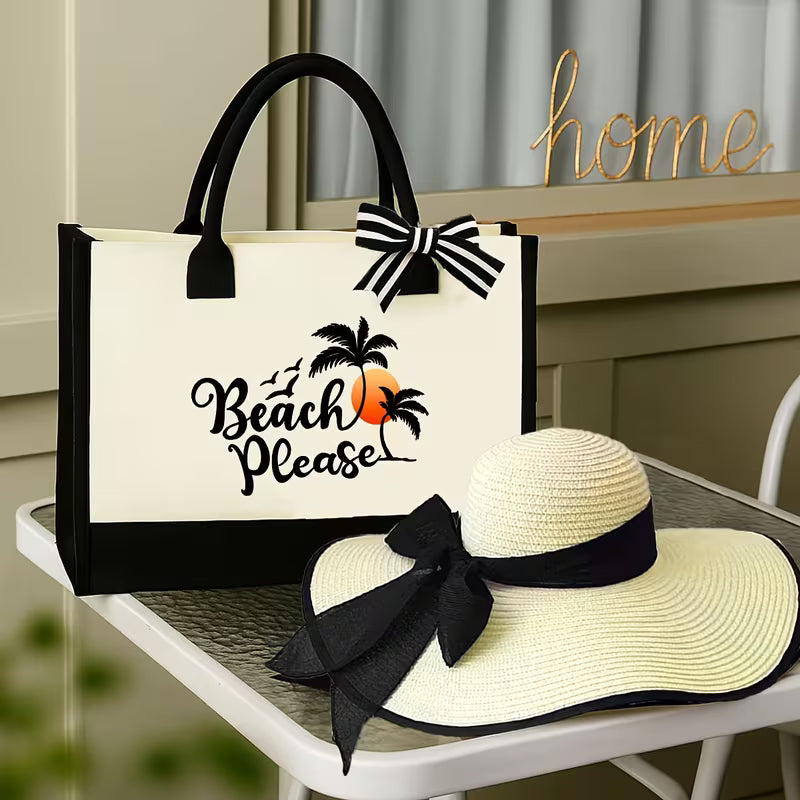 Women's 3-Piece Tropical Beach Bag Set | Coconut Tree Tote Bag, Sun Hat & Cosmetic Pouch