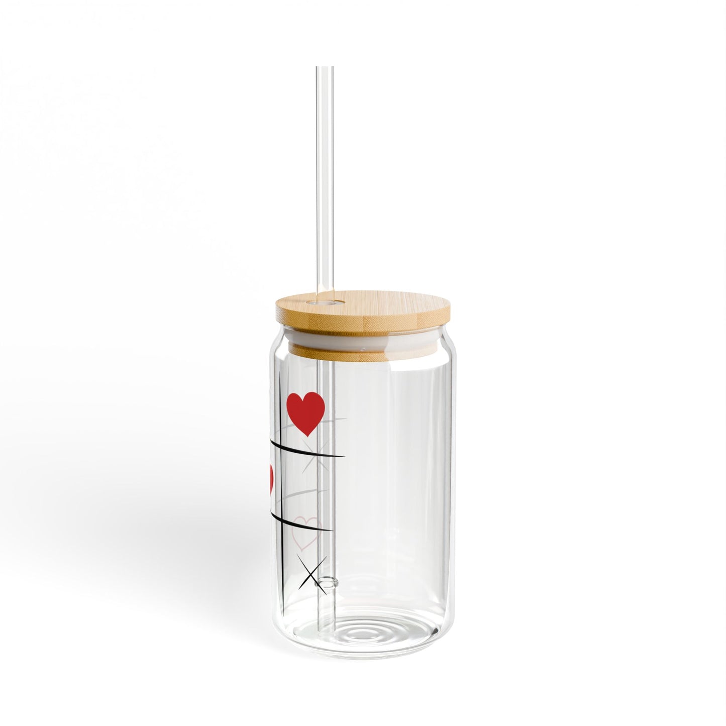 Tic Tac Heart Sipper Glass – 16oz Glass Jar with Bamboo Lid & Straw