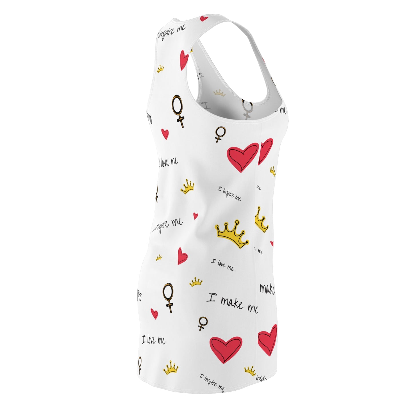 Self-Love Racerback Dress — "I love me" Feminist Heart & Crown All-Over Print