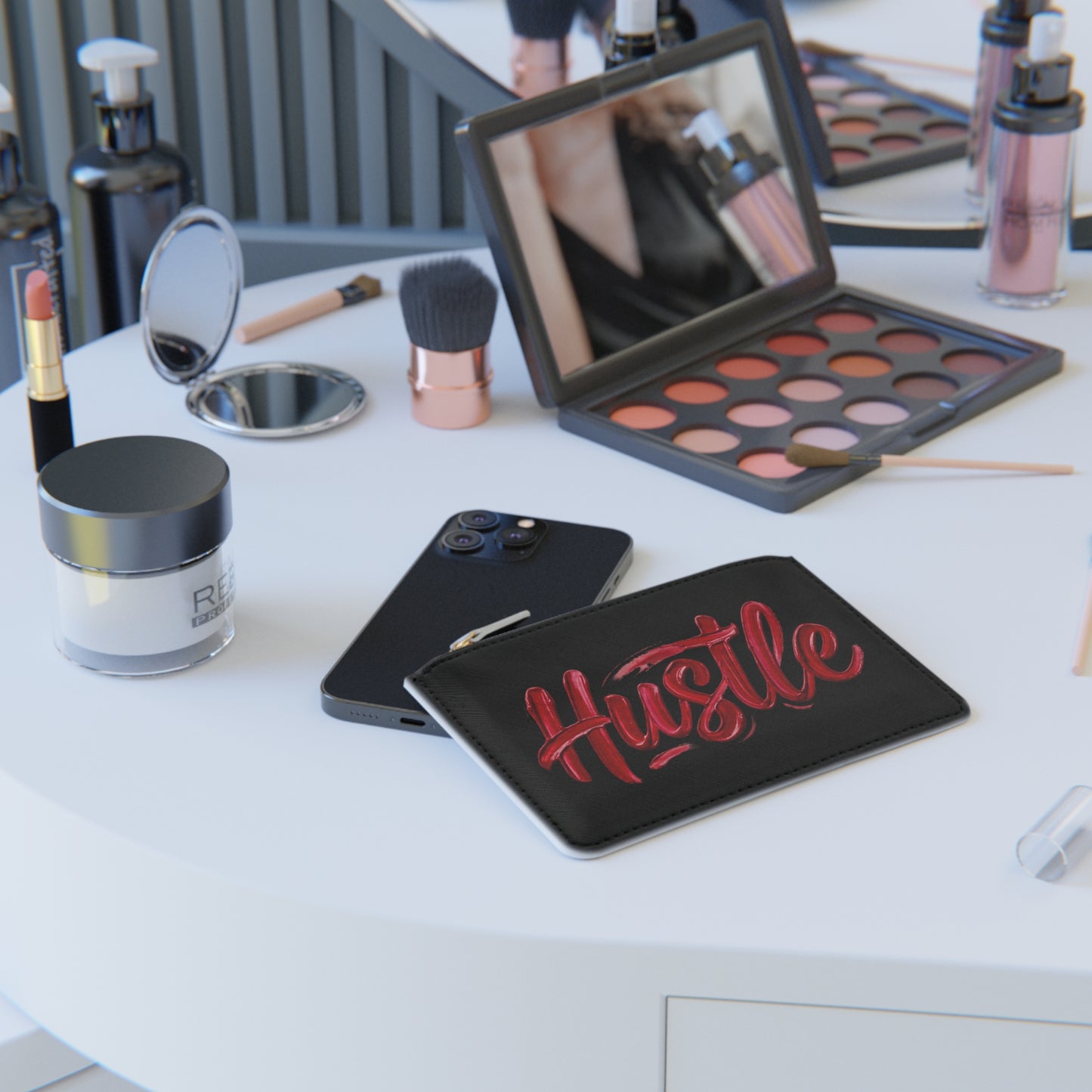 Hustle Mini Clutch Bag — Black Zip Pouch with Red Script "Hustle"