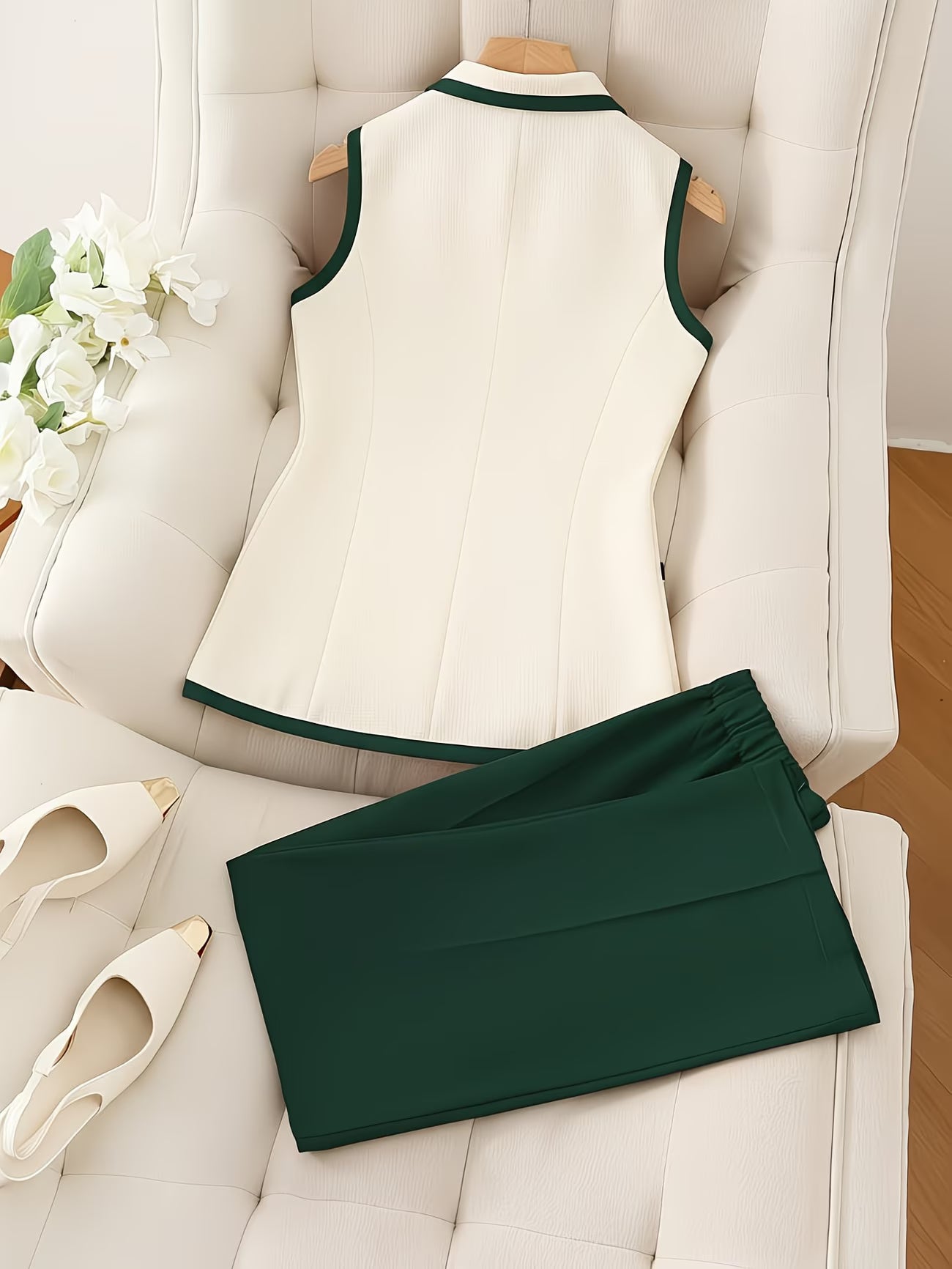 ExecutiveLuxe™ 2-Piece Skirt Suit Set | Contrast Collar Blazer & Pencil Skirt Ensemble for Women