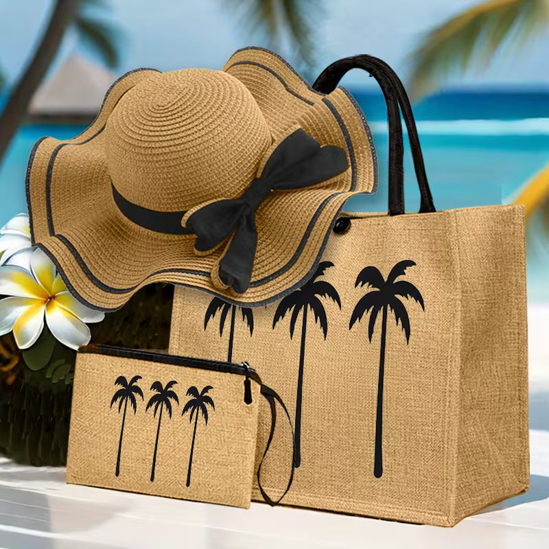 Women's 3-Piece Animal Print Beach Bag Set | Sun Hat, Tote Bag & Handbag Combo