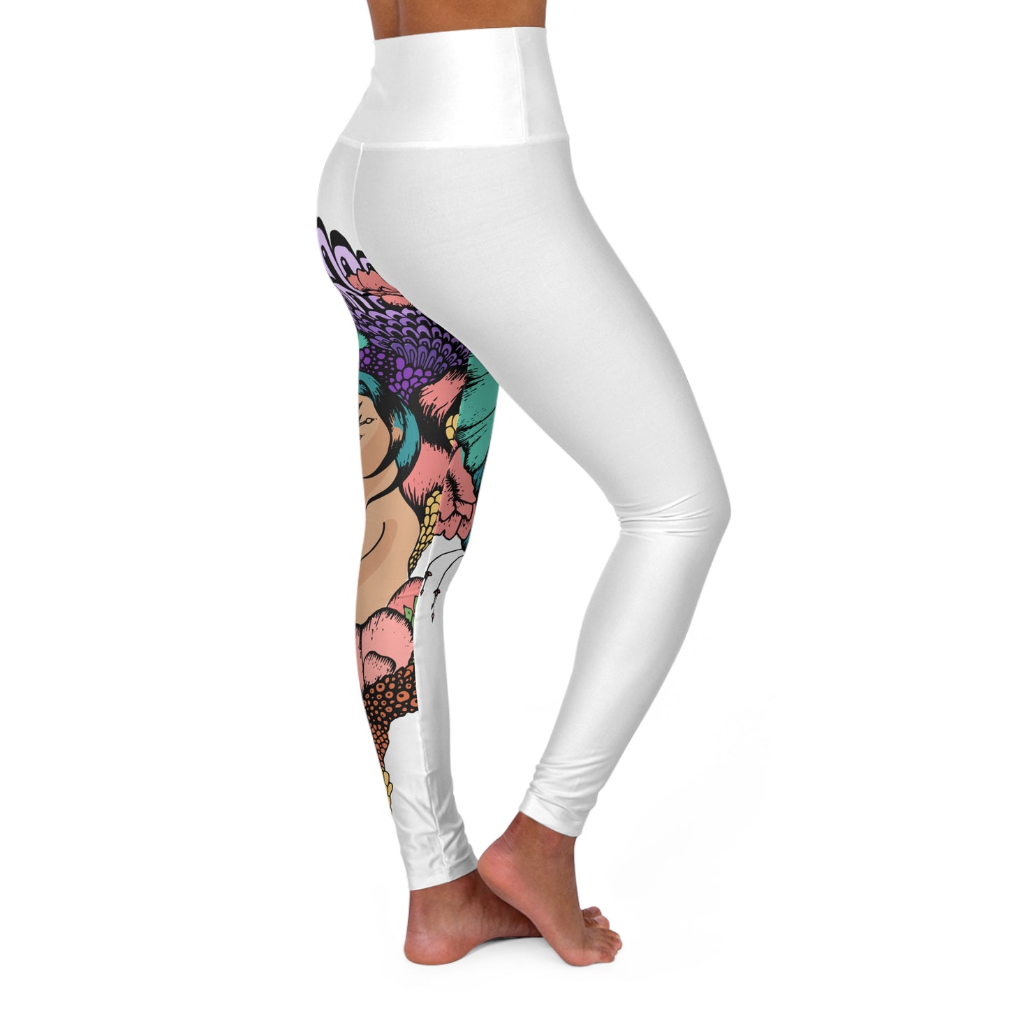 Floral Retro Femme High-Waist Yoga Leggings — AOP Side Portrait Design