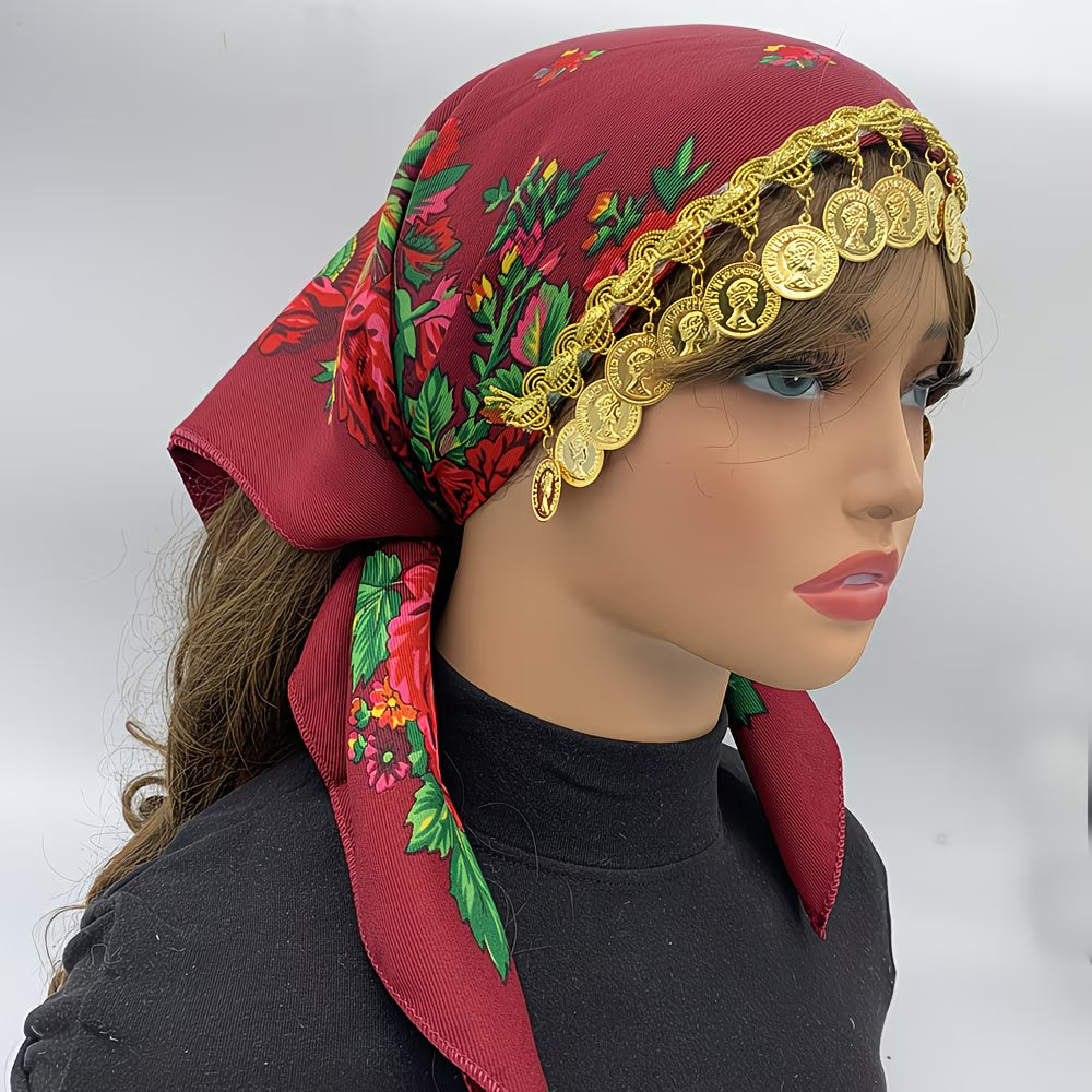 LuxeChain™ Ethnic Print Headscarf | Golden Chain Triangle Headwrap for Women