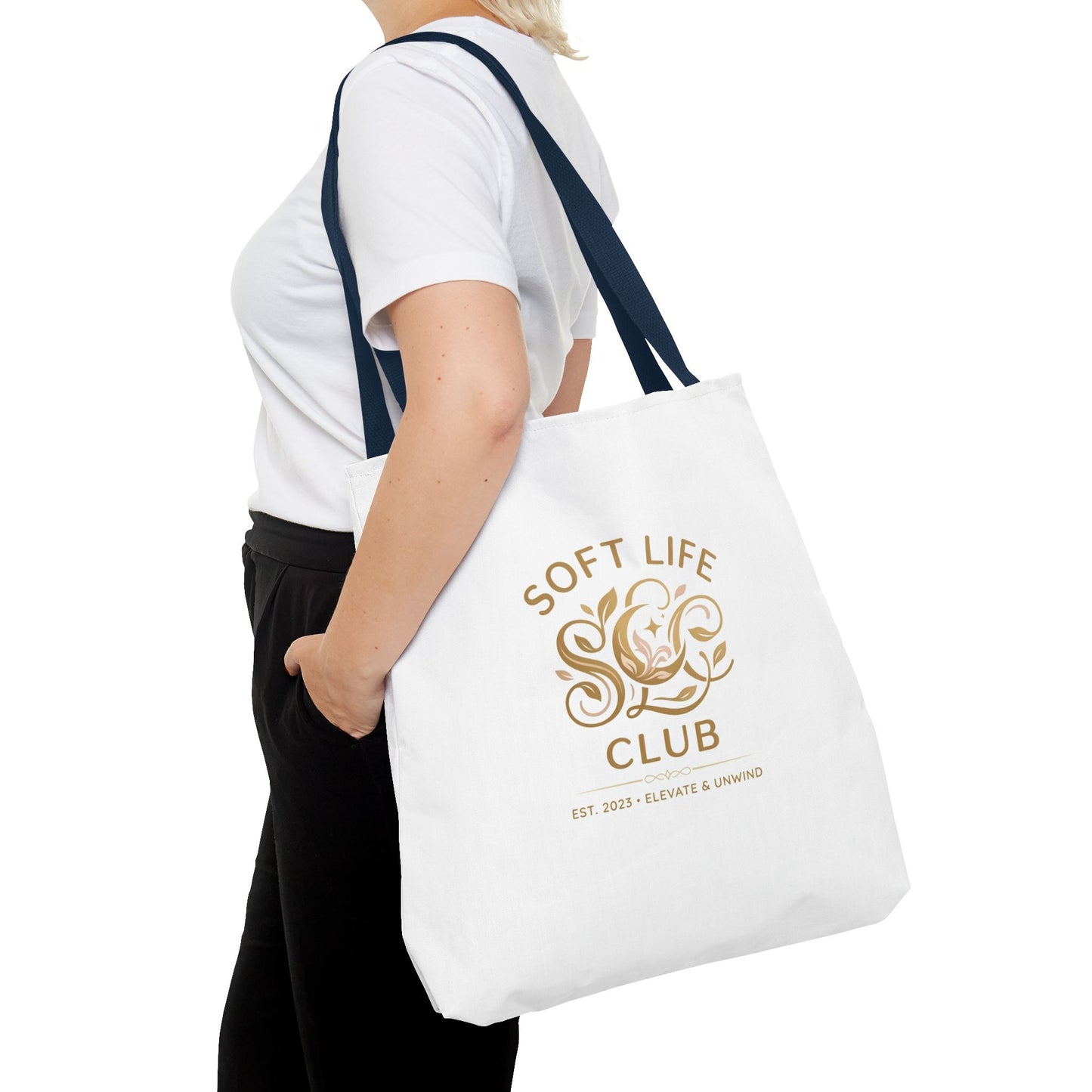 Soft Life Club Tote Bag — Chic Gold Logo AOP Tote for Everyday Carry