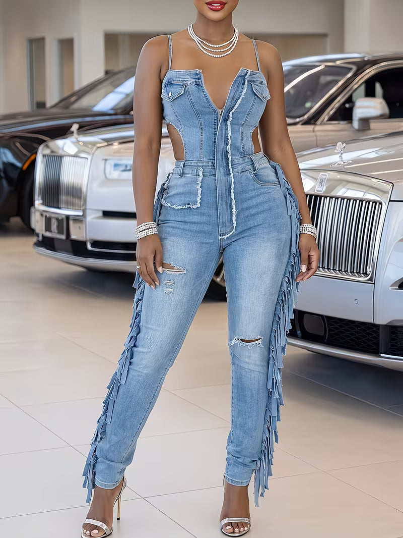 Women's Denim Fringe Jumpsuit | High Waist Cutout Spaghetti Strap Skinny Jean Romper