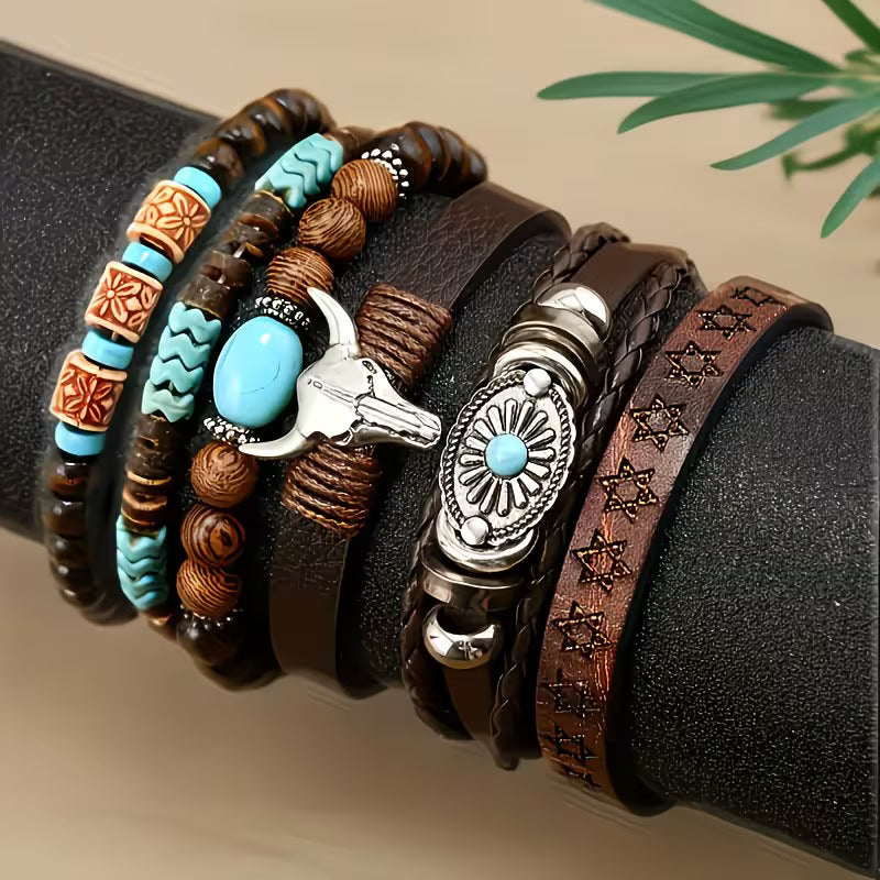 6-Piece Men's Western Bracelet Set | Bull Skull, Wings & Wooden Bead Vintage Boho Bracelets