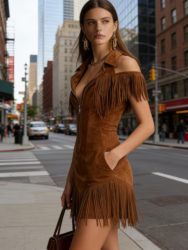 Women's Vintage Western Fringe Mini Dress | Off Shoulder Y2K Slim Waist Cowgirl Dress