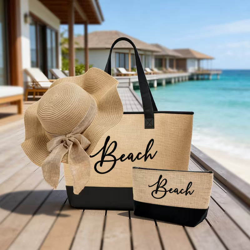 Beach Themed Black Tote Bag | Portable Beach Storage Bag with Sun Hat & Travel Organizer