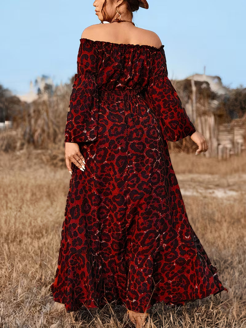 Plus Size Leopard Print Maxi Dress | Boho A-Line Pleated High Slit Dress for Women