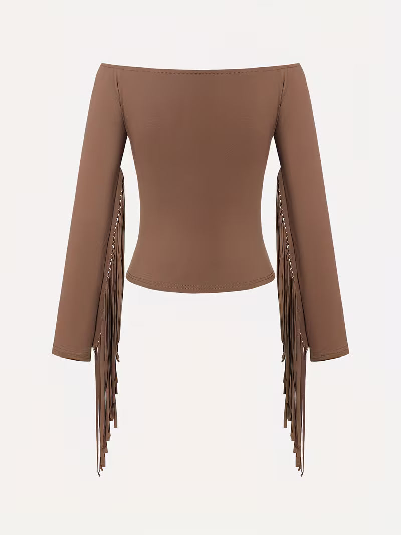 Women's Vintage Western Fringe Top | Off Shoulder Cowgirl Blouse with Boho Tassel Details