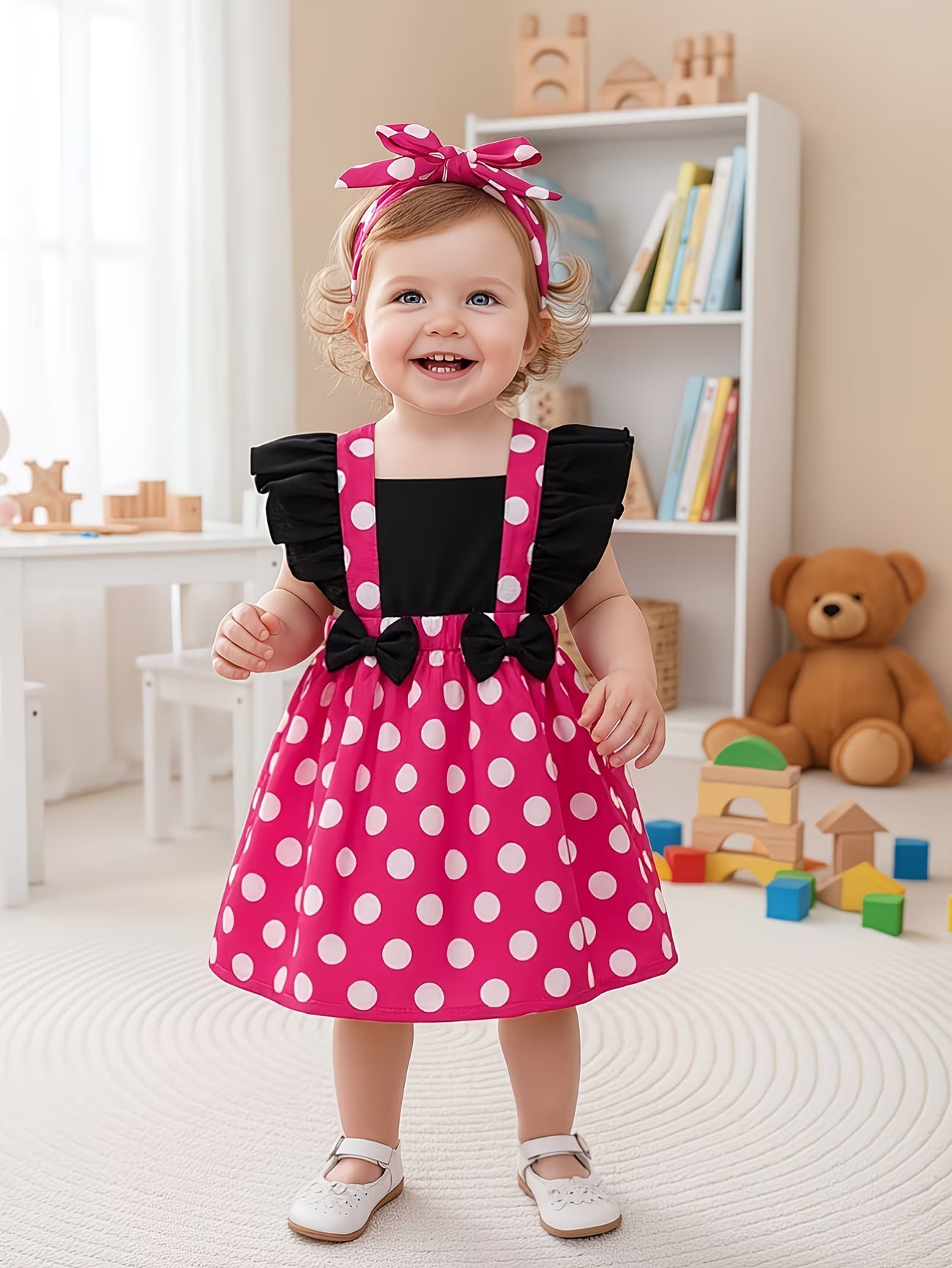 SweetDot™ Baby Girls Polka Dot Puff Dress Set | Puff Sleeve Dress with 3D Bow & Headband