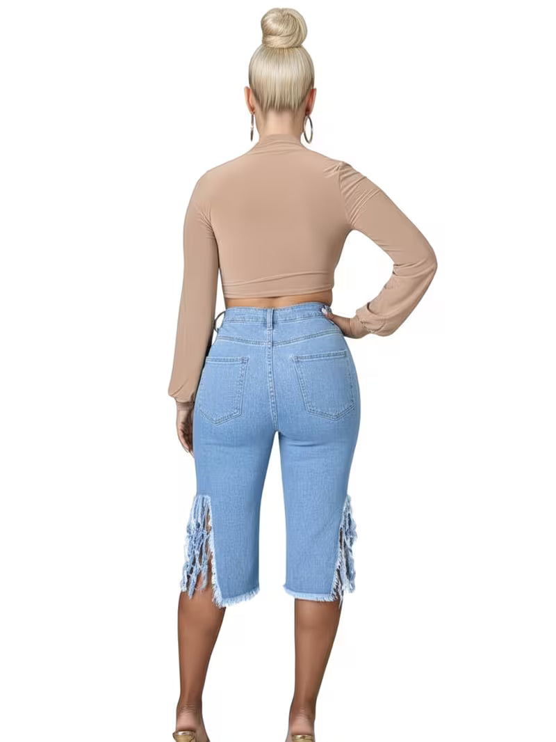Women's High Waist Ripped Denim Capri Pants | Distressed Fringe Side Slit Cropped Jeans