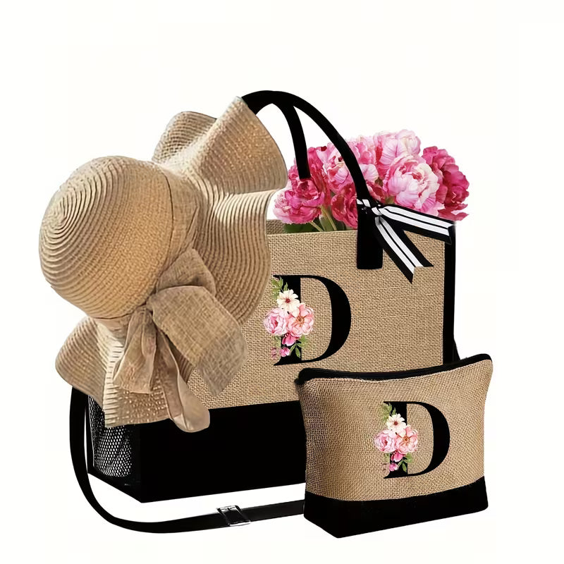 Women's 4-Piece Beach Bag Set | Tote Bag, Sun Hat, Makeup Pouch & Travel Accessories