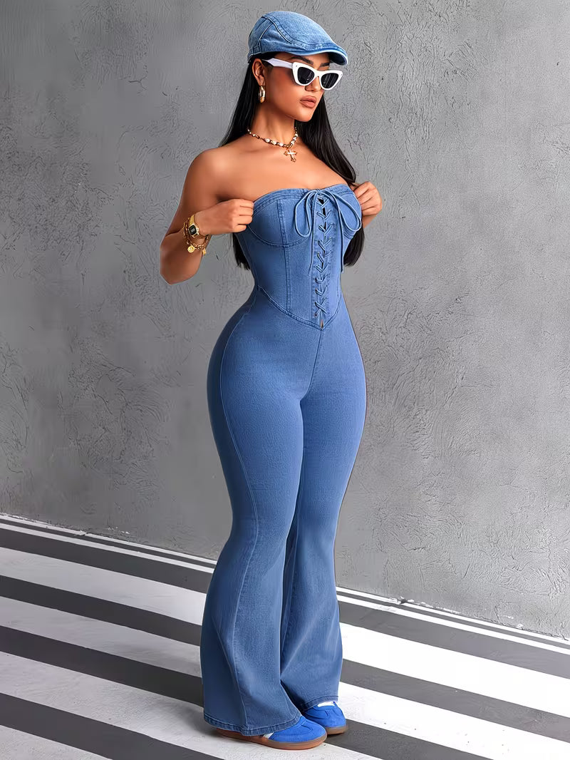 Women's Denim Strapless Jumpsuit | Corset Waist Flare Leg Stretch Jean Romper