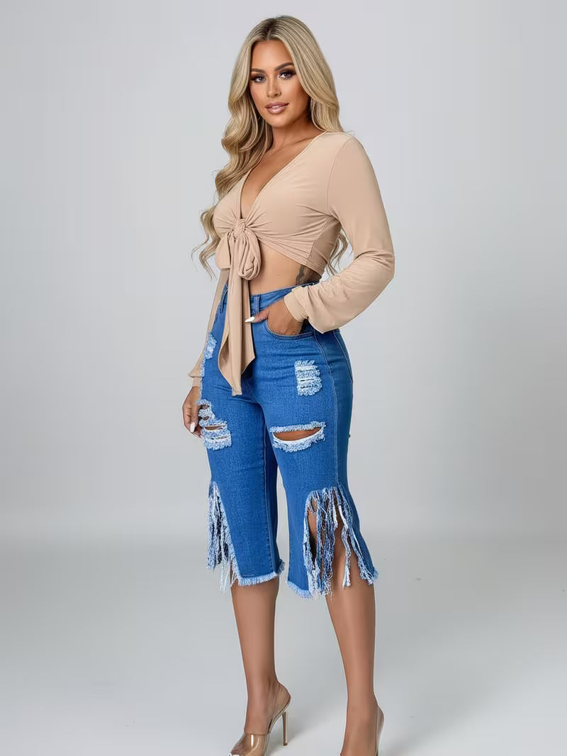 Women's High Waist Ripped Denim Capri Pants | Distressed Fringe Side Slit Cropped Jeans