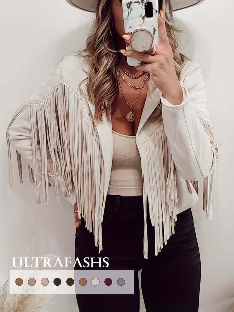 Women's Faux Suede Fringe Moto Jacket | Western Cropped Cowgirl Tassel Coat for Spring & Fall