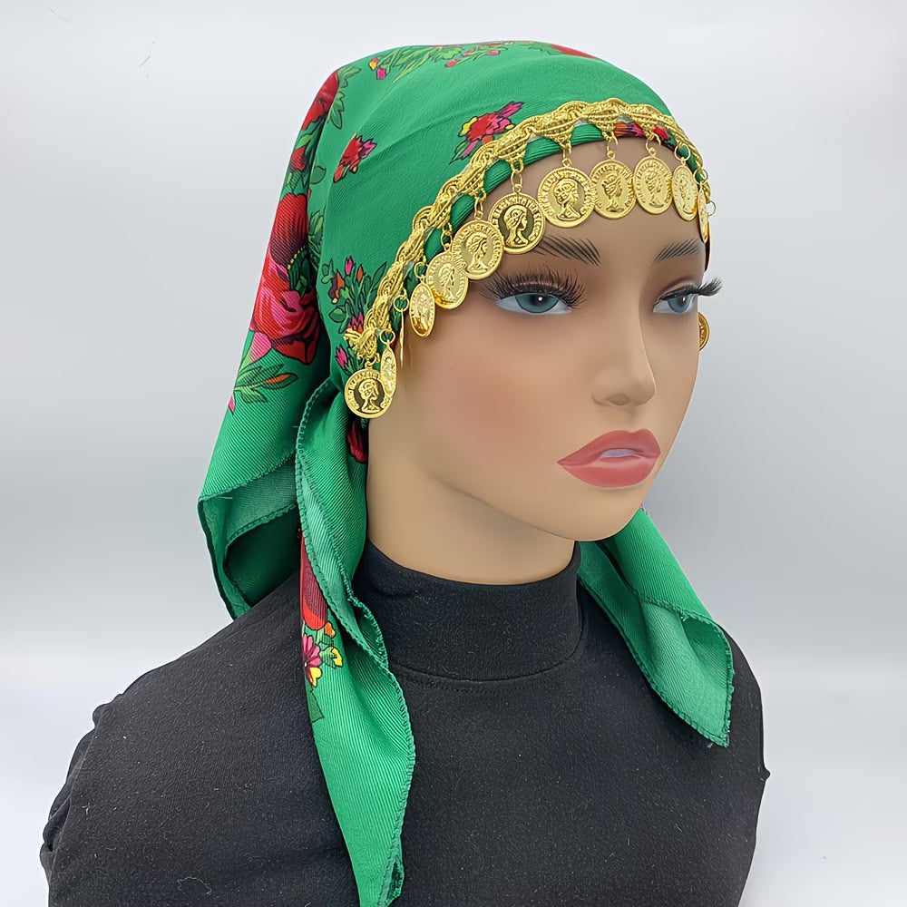 LuxeChain™ Ethnic Print Headscarf | Golden Chain Triangle Headwrap for Women