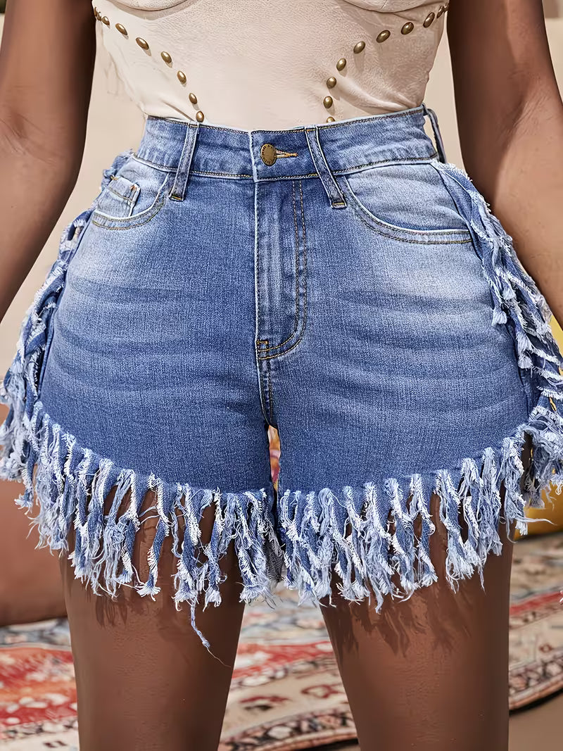 Women's Plus Size Fringe Denim Shorts | High Stretch Slim Fit Summer Jean Shorts with Zipper Closure