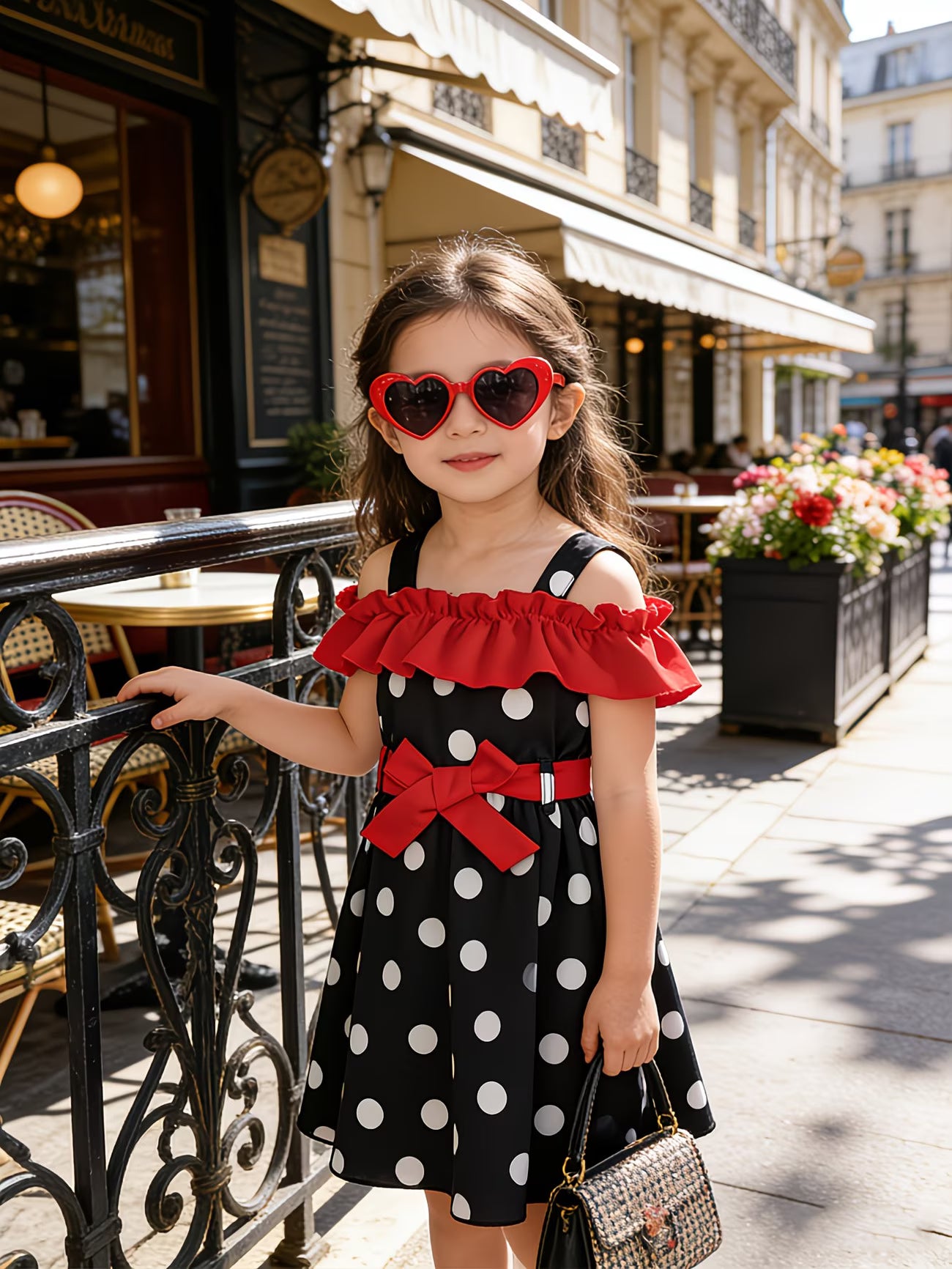 VintageCharm™ Girls Polka Dot Off-Shoulder Dress | Ruffle Suspender Dress with Belt