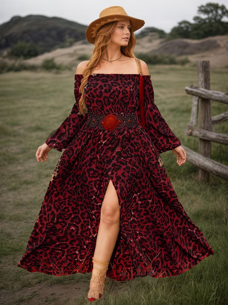 Plus Size Leopard Print Maxi Dress | Boho A-Line Pleated High Slit Dress for Women