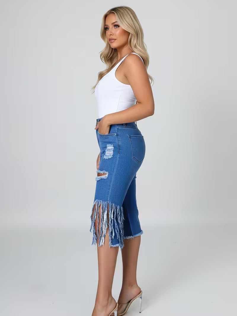 Women's High Waist Ripped Denim Capri Pants | Distressed Fringe Side Slit Cropped Jeans