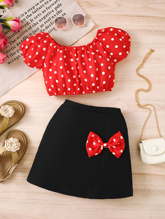 Polka Charm™ Girls' 2-Piece Summer Set | Off-the-Shoulder Bell Sleeve Top & Bow Skirt Outfit