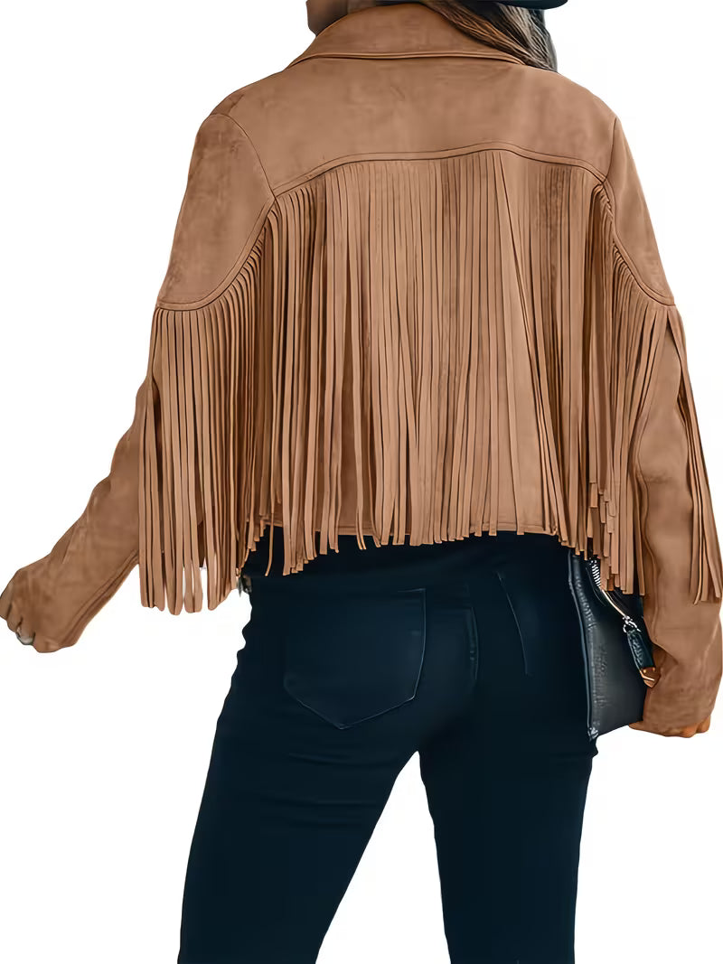 Women's Faux Suede Fringe Moto Jacket | Western Cropped Cowgirl Tassel Coat for Spring & Fall
