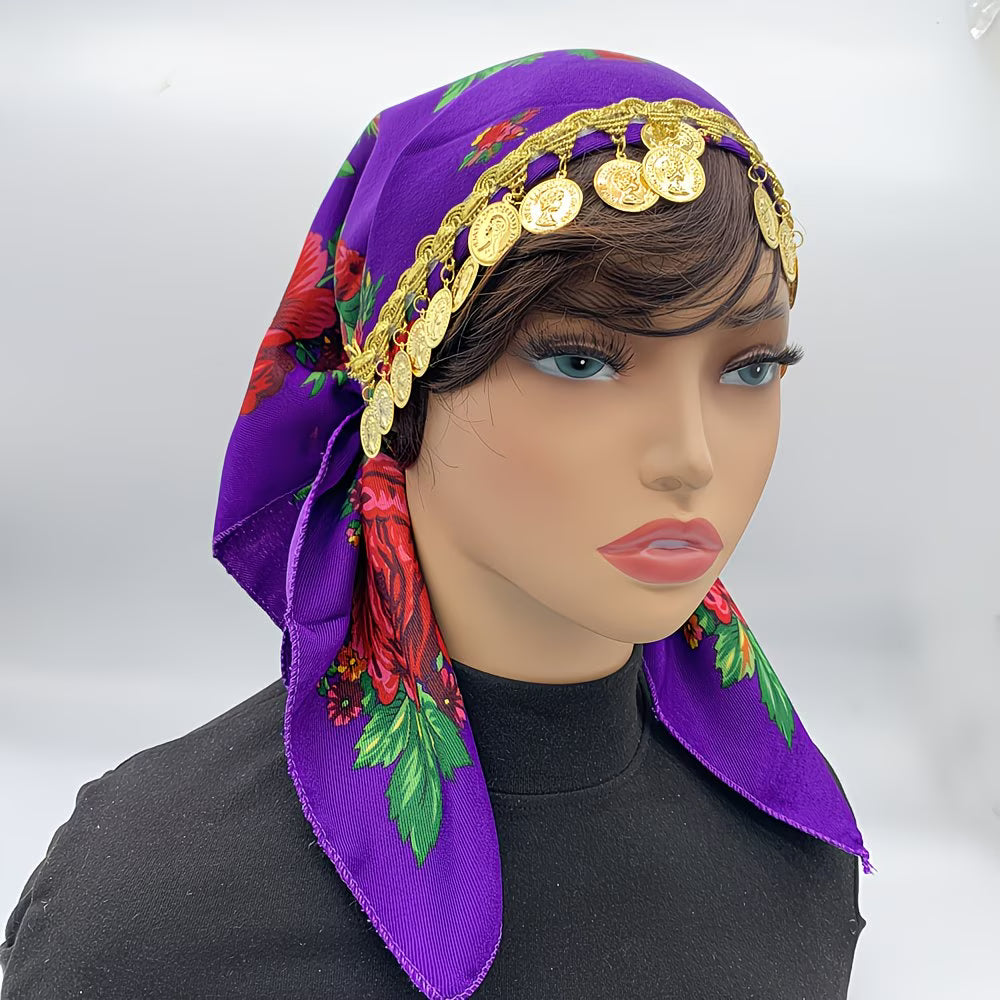 LuxeChain™ Ethnic Print Headscarf | Golden Chain Triangle Headwrap for Women