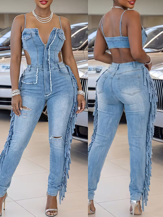 Women's Denim Fringe Jumpsuit | High Waist Cutout Spaghetti Strap Skinny Jean Romper