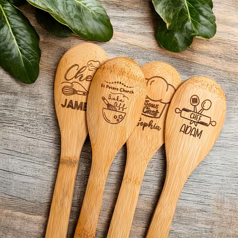 Personalized Bamboo Cooking Spoon Set | Custom Engraved Wooden Kitchen Utensils (2pcs)