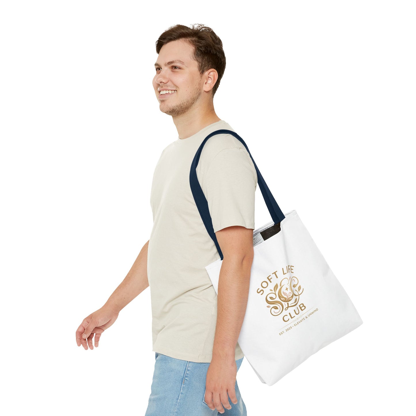 Soft Life Club Tote Bag — Chic Gold Logo AOP Tote for Everyday Carry