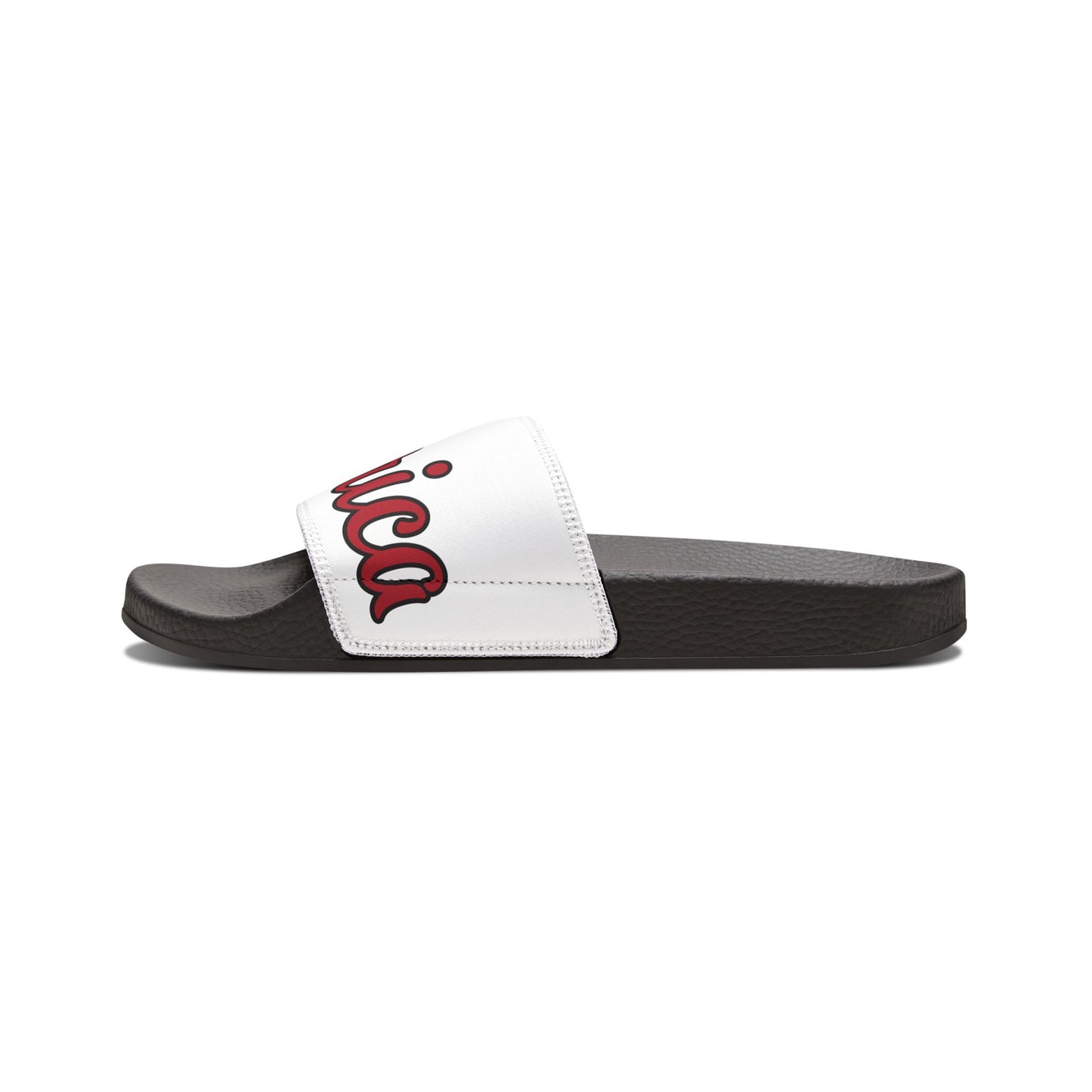 Men's Slide Sandals — White Patriotic Script Pool Slides