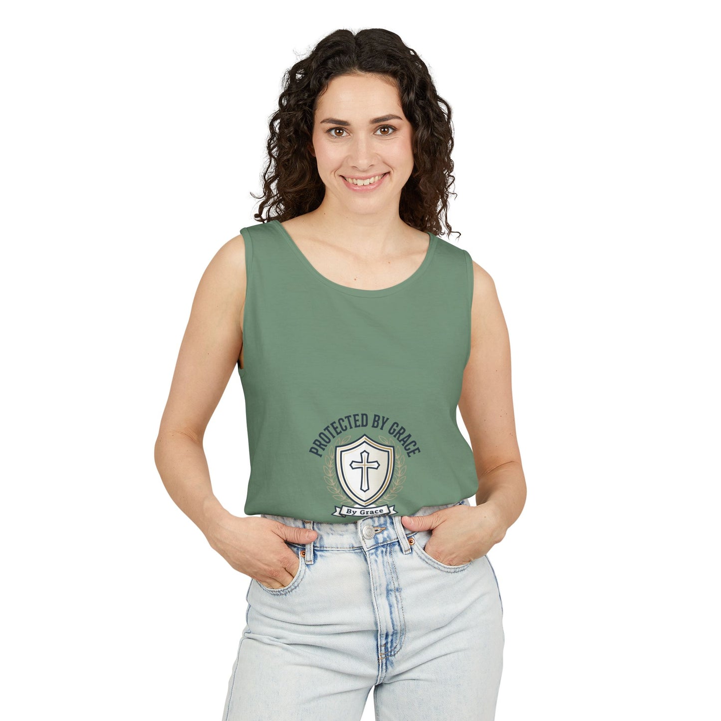 Protected by Grace Cross Tank Top — Christian Faith Graphic