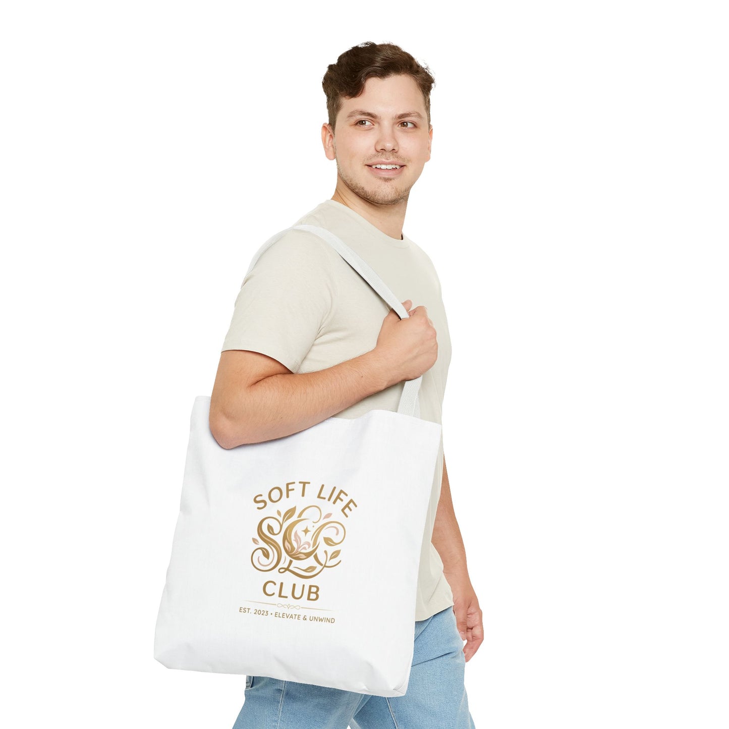 Soft Life Club Tote Bag — Chic Gold Logo AOP Tote for Everyday Carry