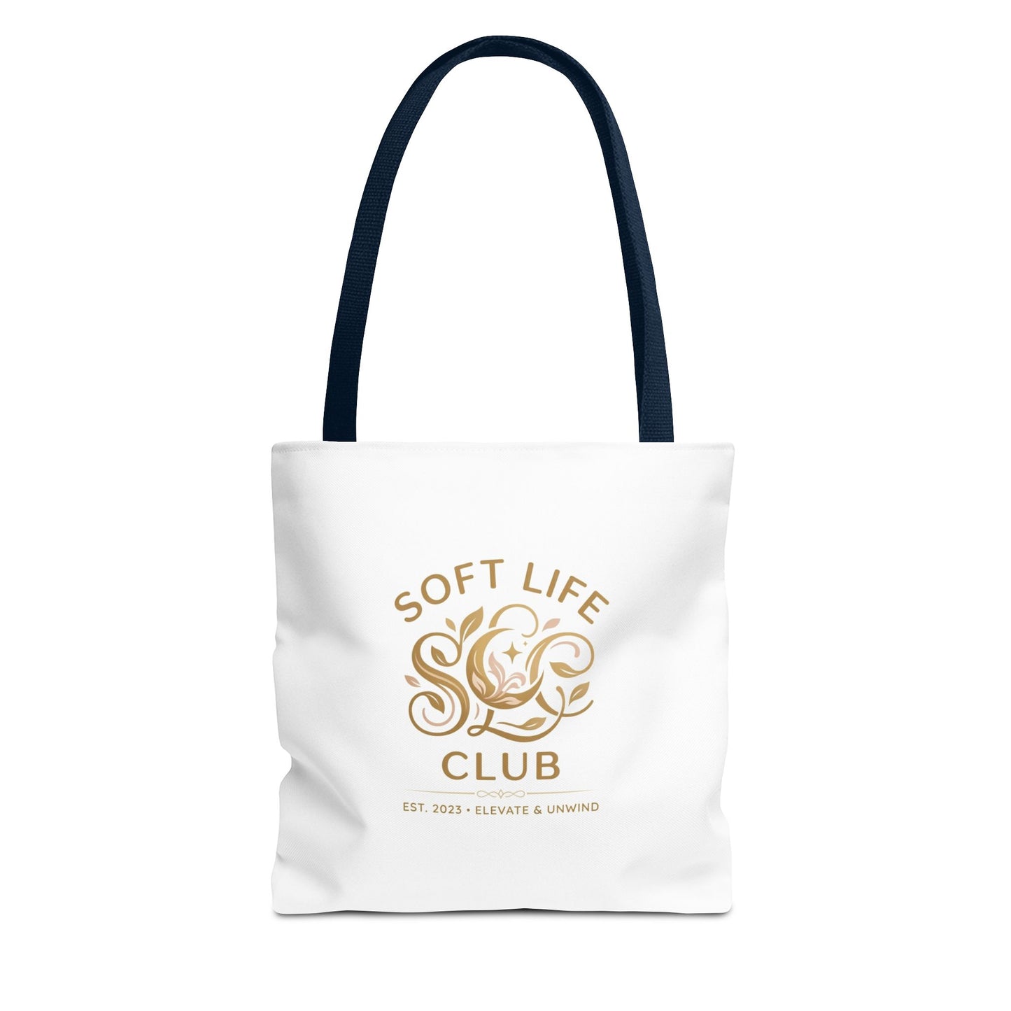 Soft Life Club Tote Bag — Chic Gold Logo AOP Tote for Everyday Carry