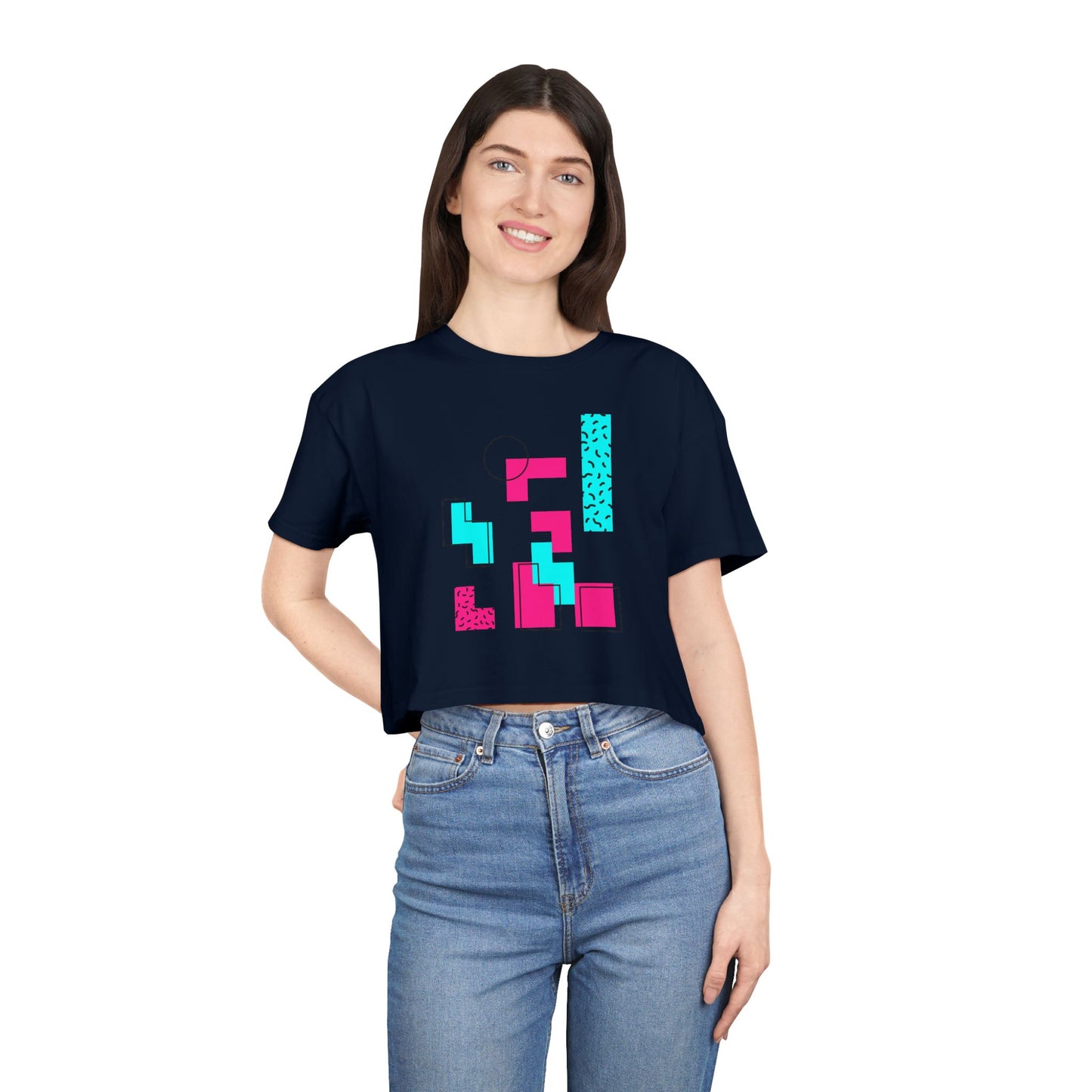 Retro Geometric Crop Tee — 80s Memphis Pattern Women's Top