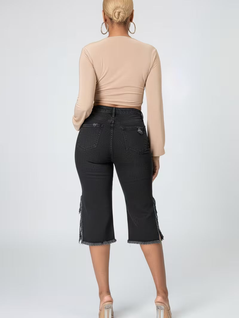 Women's High Waist Ripped Denim Capri Pants | Distressed Fringe Side Slit Cropped Jeans
