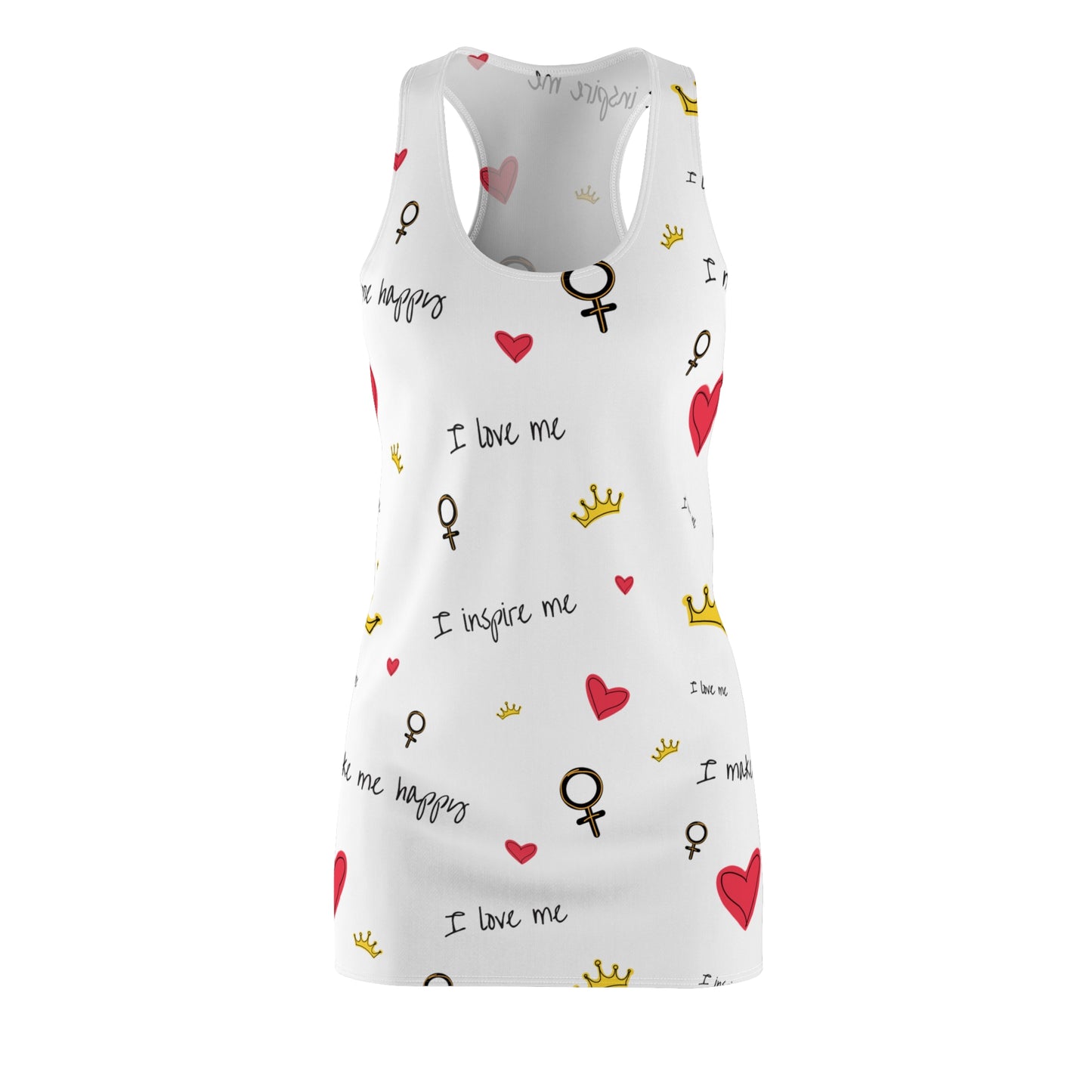 Self-Love Racerback Dress — "I love me" Feminist Heart & Crown All-Over Print