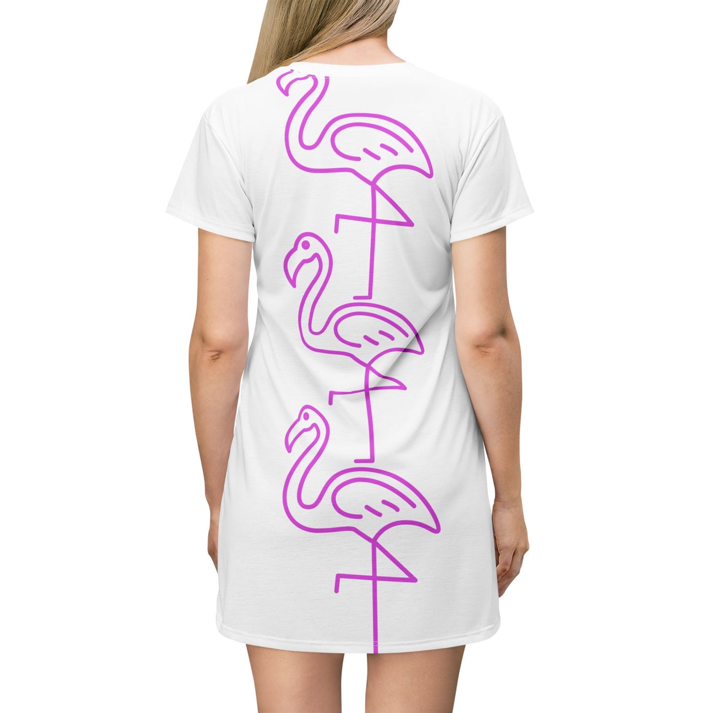 Flamingo Line T-Shirt Dress — Neon Pink Tropical Graphic