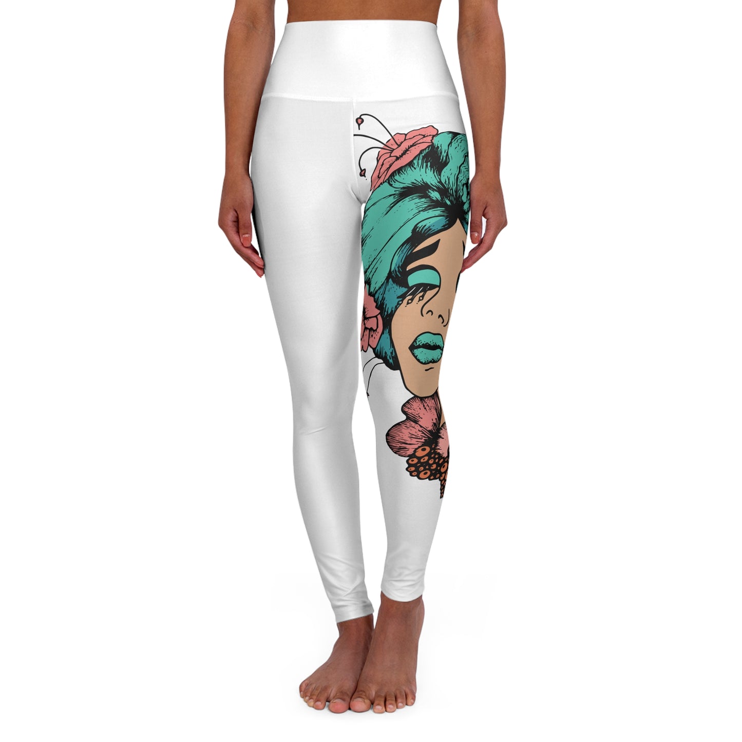 Floral Retro Femme High-Waist Yoga Leggings — AOP Side Portrait Design