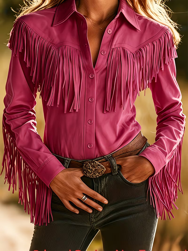 Women's Vintage Western Fringe Shirt | Button-Up Long Sleeve Cowgirl Top with Turn-Down Collar