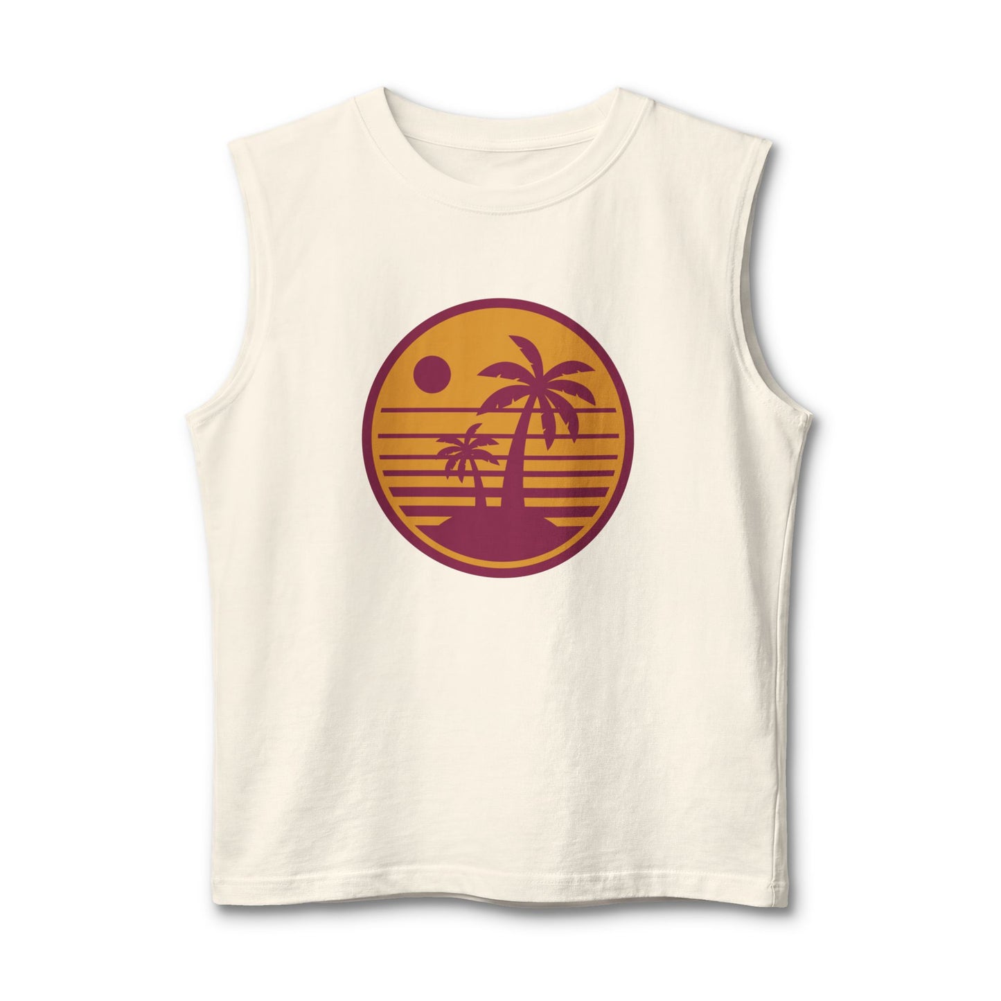 Palm Sunset Muscle Tank — Retro Beach Graphic Tank Top