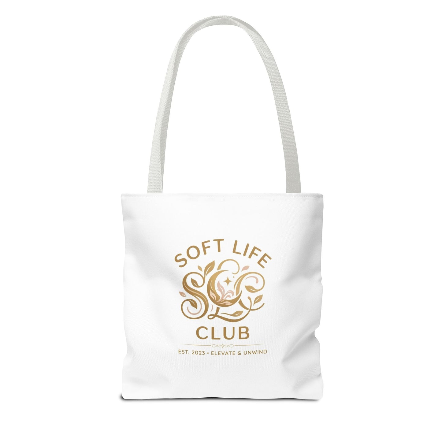Soft Life Club Tote Bag — Chic Gold Logo AOP Tote for Everyday Carry