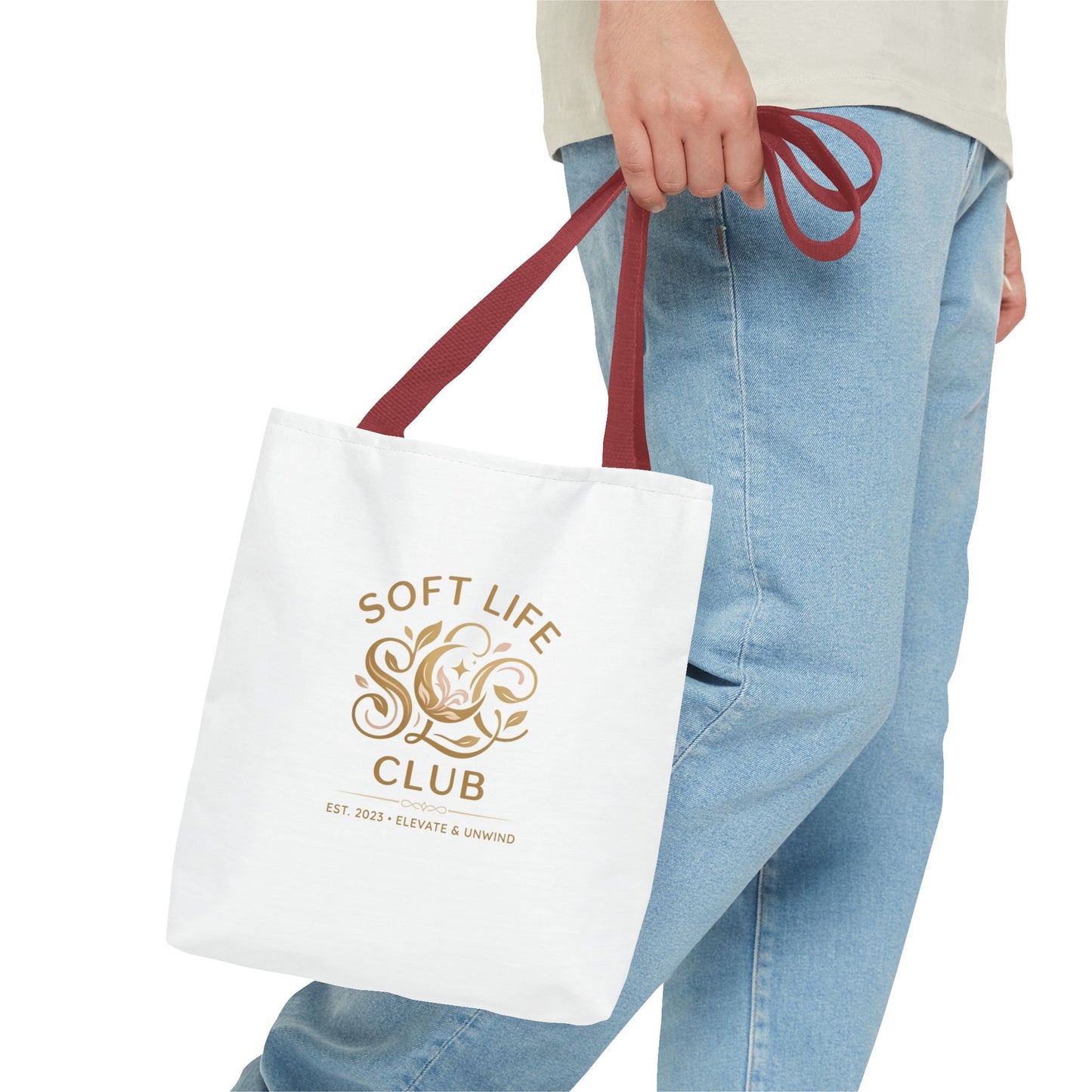 Soft Life Club Tote Bag — Chic Gold Logo AOP Tote for Everyday Carry