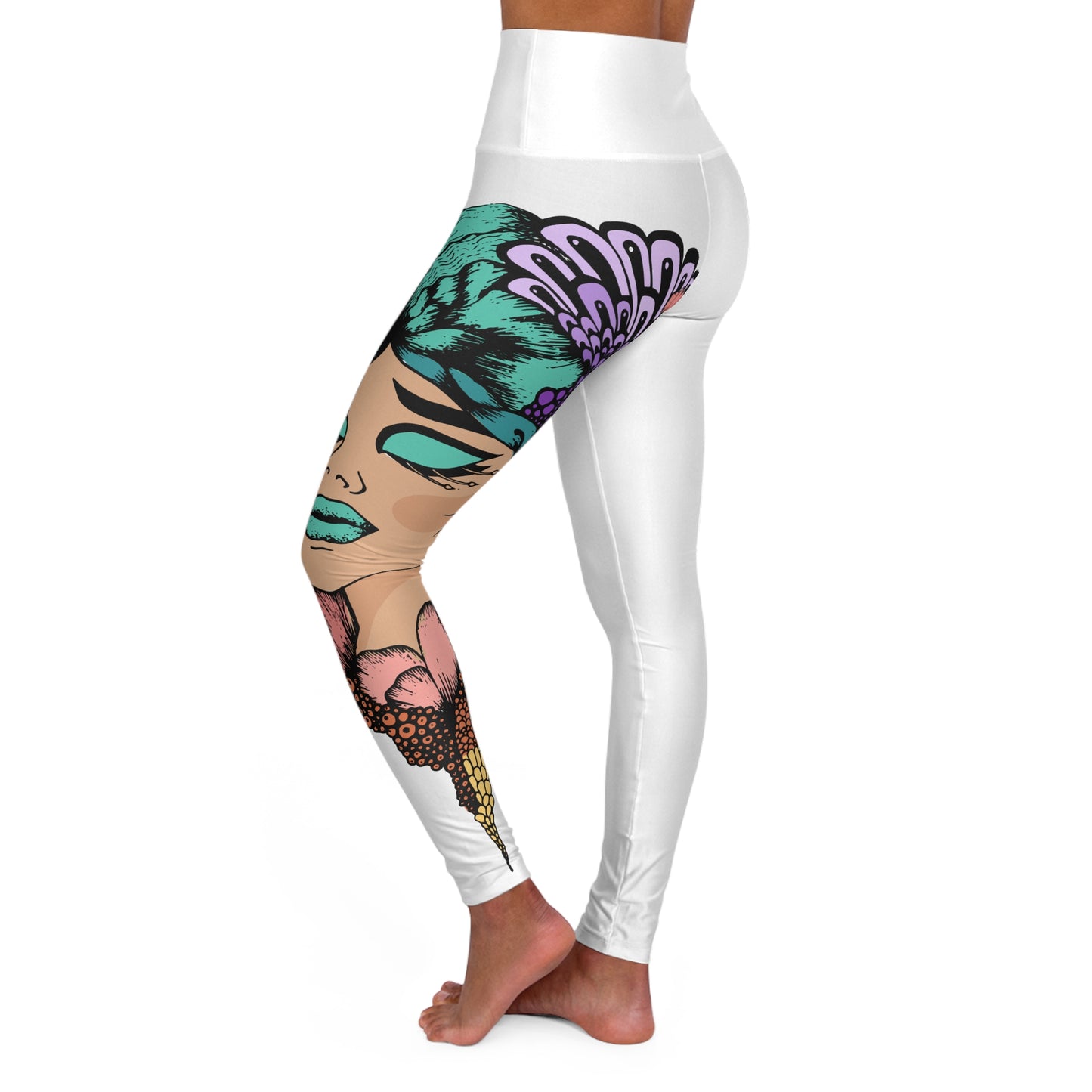 Floral Retro Femme High-Waist Yoga Leggings — AOP Side Portrait Design