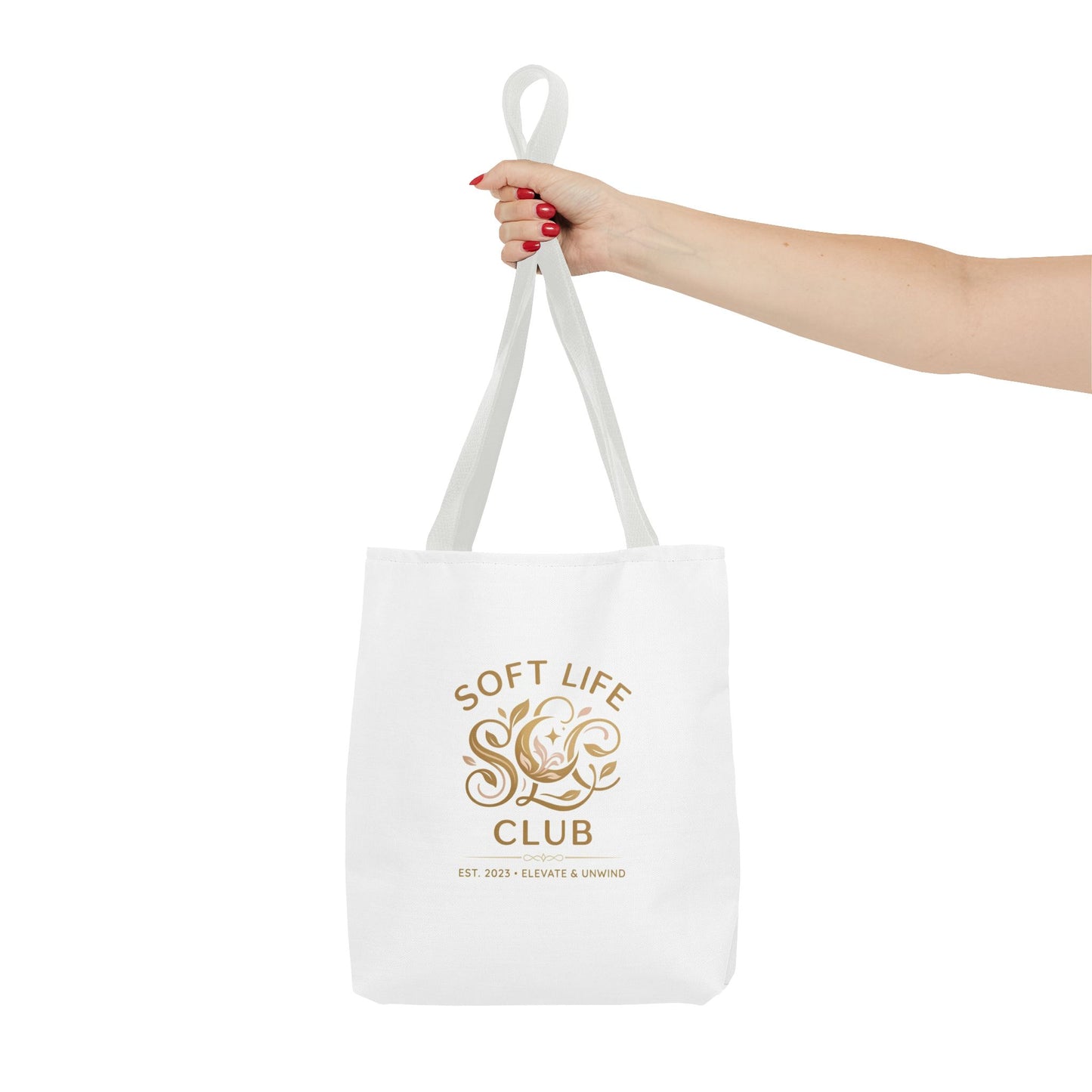 Soft Life Club Tote Bag — Chic Gold Logo AOP Tote for Everyday Carry