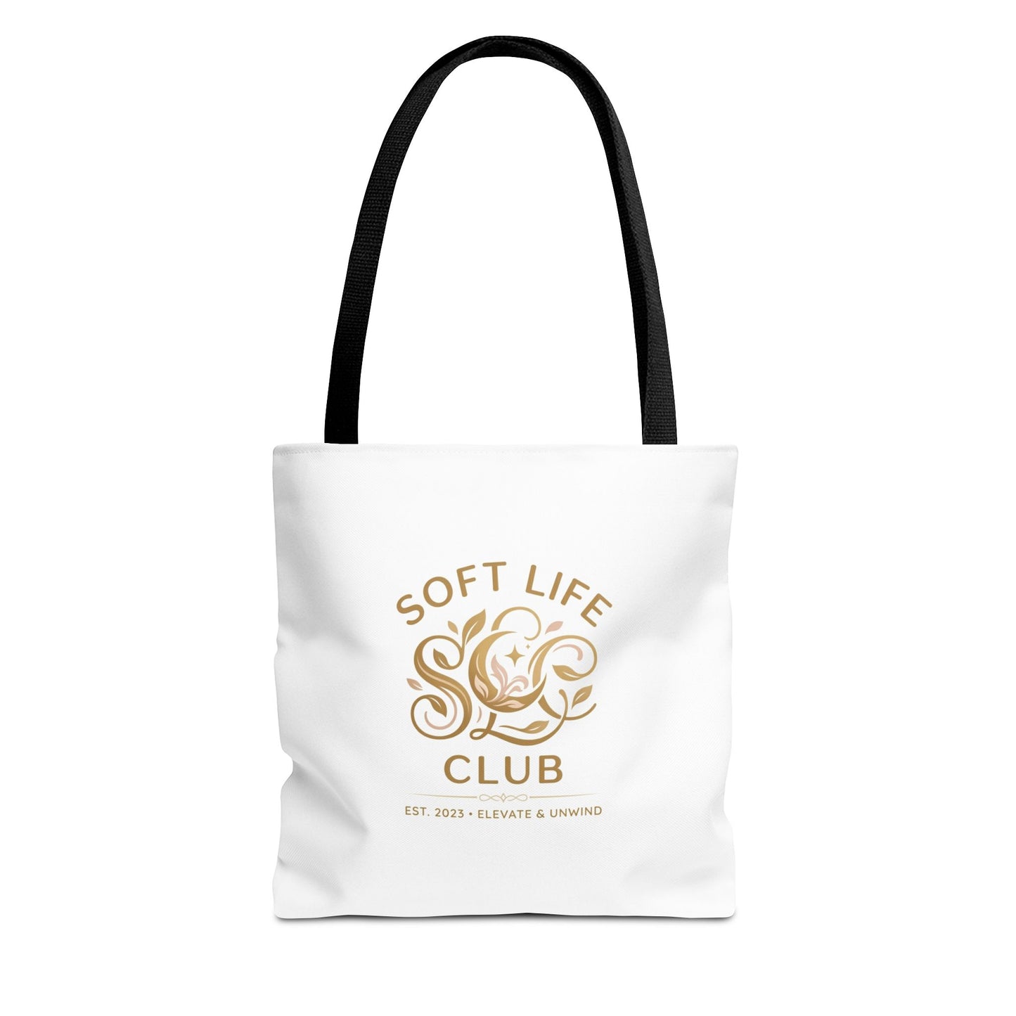 Soft Life Club Tote Bag — Chic Gold Logo AOP Tote for Everyday Carry