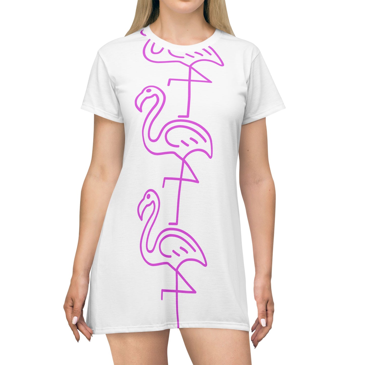 Flamingo Line T-Shirt Dress — Neon Pink Tropical Graphic