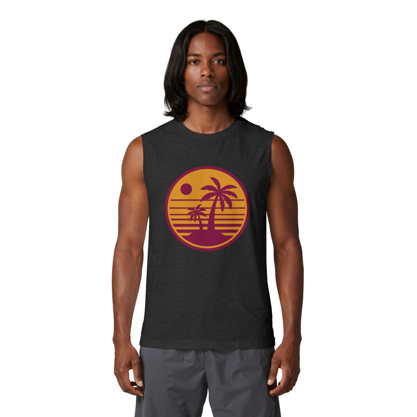 Palm Sunset Muscle Tank — Retro Beach Graphic Tank Top